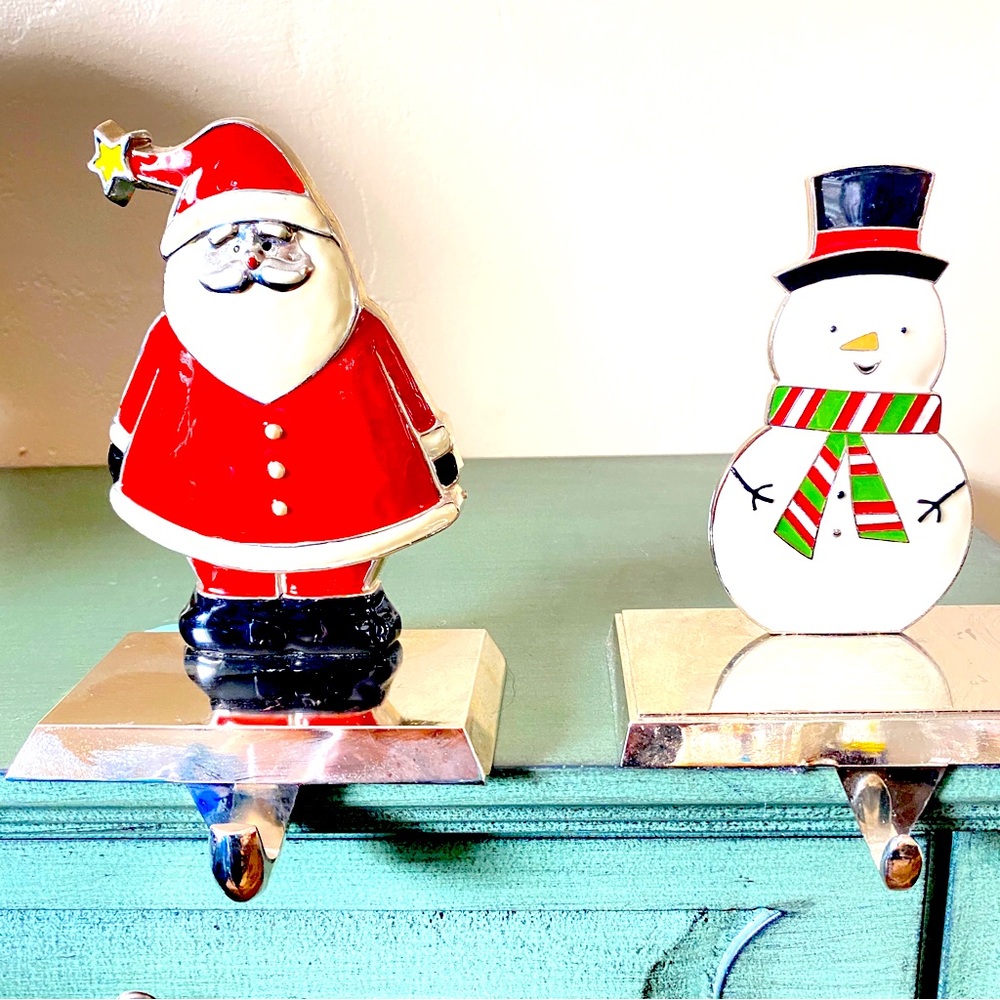 Set of 2 Christmas stocking hangers, shelf hooks, mantle.Santa. Snowman.Vintage